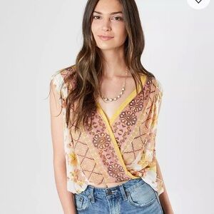 Free People Havana Floral V-Neck‎ Sheer Crop Top Large Boho Romantic Cottagecore